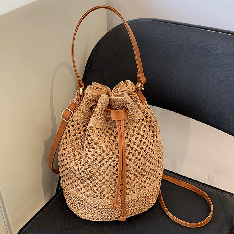 Drawstring Straw Woven Handheld Crossbody Bag - Exquisite Decorative Beach Bag
