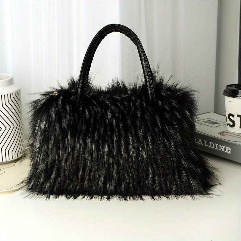Fluffy Faux Fur Handbag - Small Furry Luxury Clutch with Handle