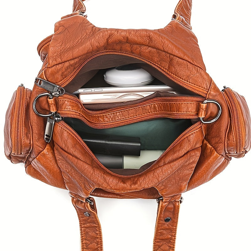 Vintage Studded Decor Shoulder Bag - Multi-Pocket Faux Leather Hobo Purse