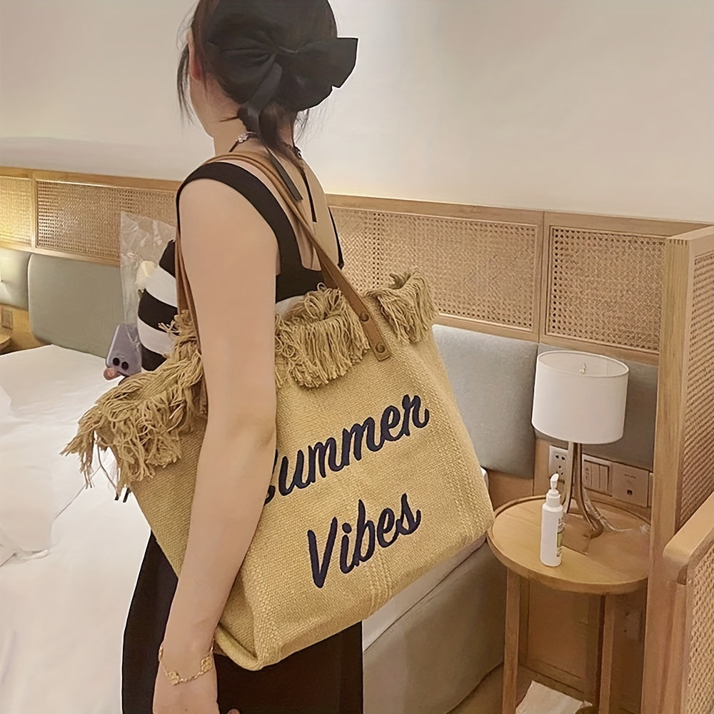 Letter Embroidery Tote Bag - Tassel Trim Canvas Beach Shoulder Bag